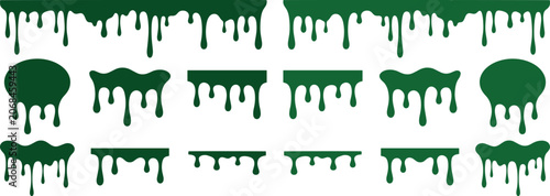 Green dripping liquid vector set, gooey slime borders, paint drips, and melting shapes. Halloween, horror, and toxic waste graphic elements for creative design projects.