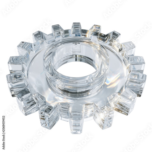 Transparent glass gear wheel isolated on a transparent background symbolizing engineering, mechanics and industrial processes.