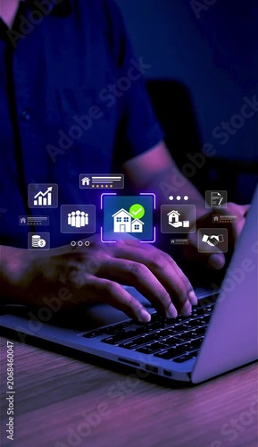 Real estate approval and property rating. reviewing online mortgage approval with five star home loan rating and digital checklist on laptop, real estate financing evaluation and fintech banking