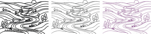Foto Minimalist landscape vector art, winding river flowing through rolling hills, ab