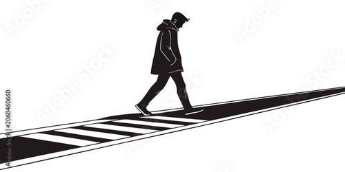 Fotografie Graphic silhouette of a person walking across a pedestrian crosswalk with crossw