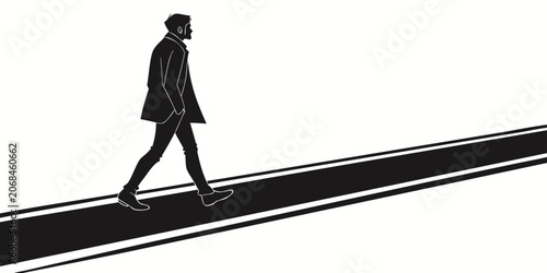 Bild auf Leinwand Minimalist vector illustration of a person walking on a straight path with silho