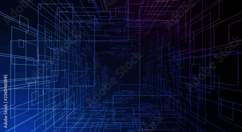 Digital futuristic grid tunnel with blue and purple light effect