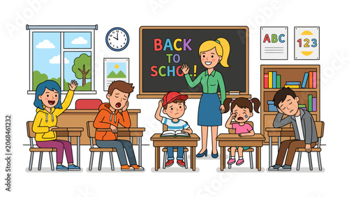First Day Back Blues: A weary teacher attempts to engage a class of unenthusiastic students, some dozing, others bored, on the first day of school, illustrating the challenges of classroom motivation.