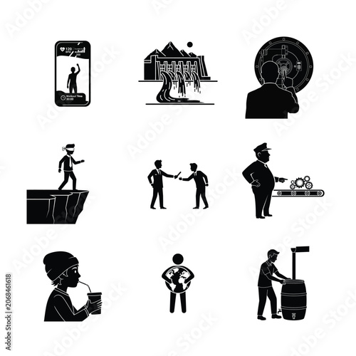 Technology and Travel Silhouette Set Smartphone Global Map Scientific Research Laptop User and Luggage Graphics