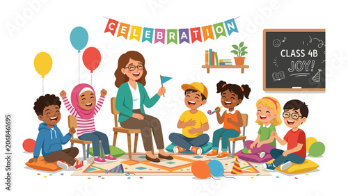 Classroom Celebration: A teacher leads a lively classroom celebration with happy, diverse students, adorned with balloons, confetti, and a Celebration banner, fostering a joyful learning environment.