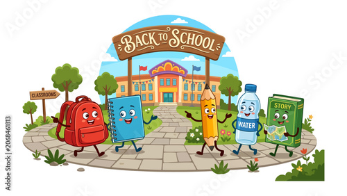Bilde på lerret Back to School Brigade: A cheerful collection of anthropomorphic school supplies, including a backpack, notebook, pencil, water bottle, and book