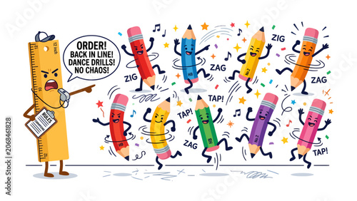 Εκτύπωση καμβά Ruler Coaching Dancing Pencils: A stern ruler instructs a group of energetic, anthropomorphic pencils to line up for dance drills, creating a whimsical and chaotic scene