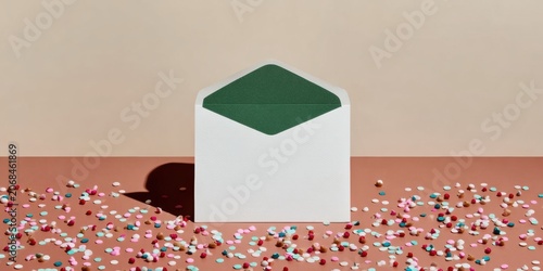 Blank vertical card mockup placed on a warm clay surface with festive pastel confetti for holiday marketing and clean invitations with copy space for design branding