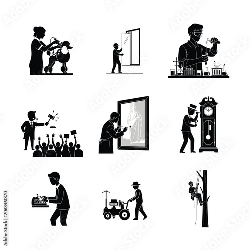 Tradesman and Technical Repair Silhouettes Plumber with Wrench Electrician at Work and Tool Maintenance