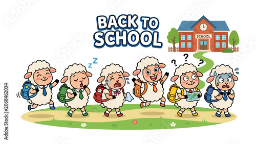Back to School Sheep Collection: A whimsical group of sheep, each expressing a unique emotion and carrying a backpack, embarks on their journey back to school.