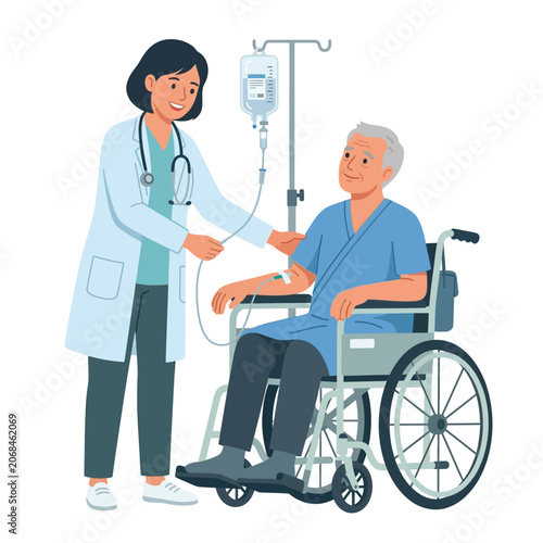 Medical doctor helping patient in wheelchair with IV drip bag