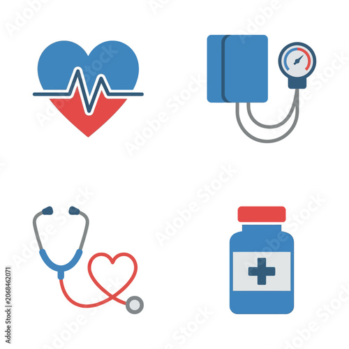 Medical health cardiology icon set heart rate monitor blood pressure