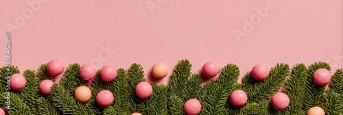 Lush Christmas fir branches and pink ornaments frame a festive holiday border on coral background with wide copy space for social media greetings and seasonal cards