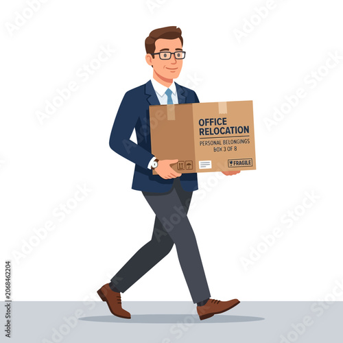 Professional man carries cardboard box personal belongings office relocation corporate