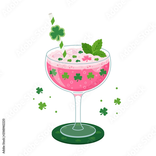 Refreshing pink drink with green shamrock decorations for festive celebration