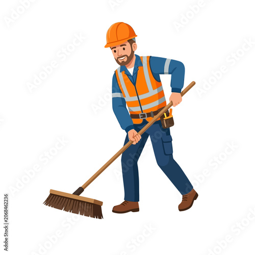 Road worker in high visibility vest sweeping asphalt with broom