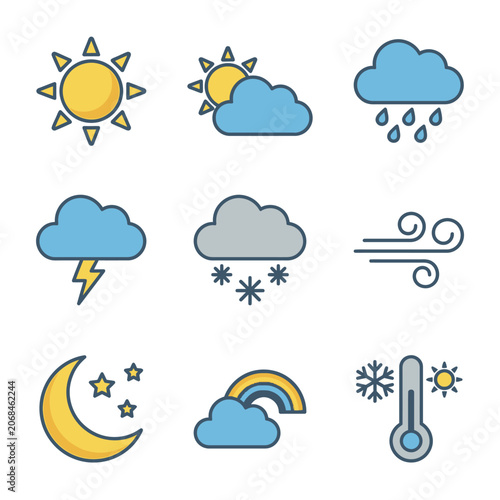 Set of weather icons showing different atmospheric conditions and symbols