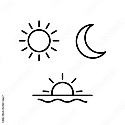Simple line icons representing sun moon sunset over water scene