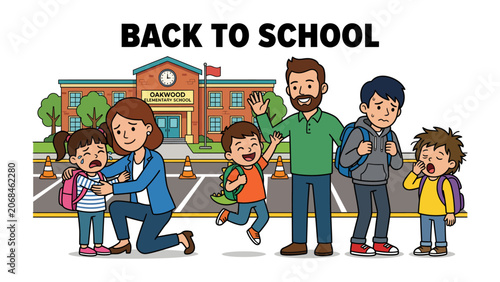 Back to School Emotions: A diverse group of children and their parents express a range of emotions from excitement to sadness as they return to school, with a school building in the background.