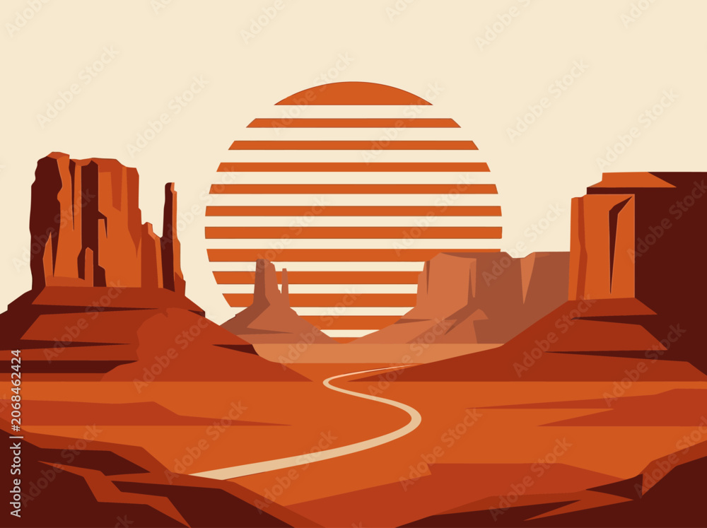 Naklejka premium Minimalist Retro Desert Landscape Vector Illustration of Monument Valley with Striped Sun