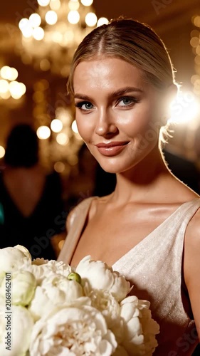 A woman glows softly while holding a bouquet at dusk