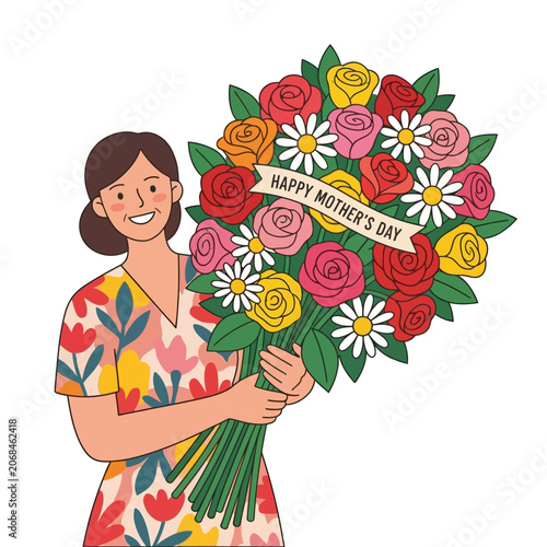 Woman holding large bouquet colorful roses daisies mothers day illustration
