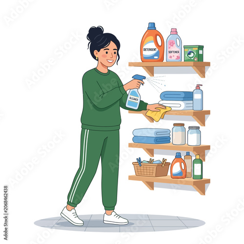Woman in green loungewear cleaning laundry room shelves with spray