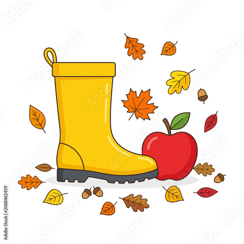 Yellow rain boot and red apple illustration autumn weather outdoor