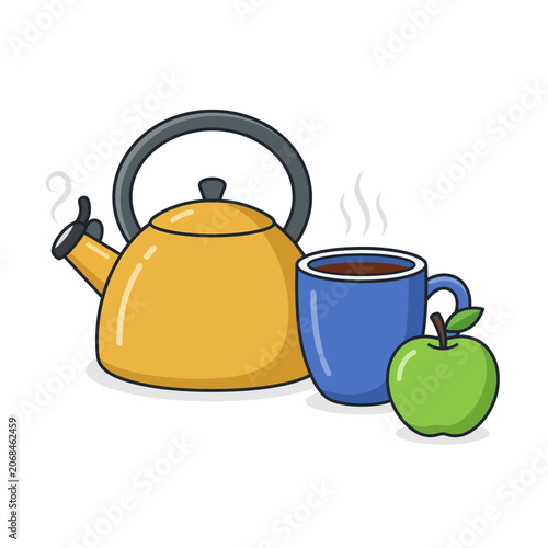 Yellow kettle blue cup and green apple illustration kitchenware still