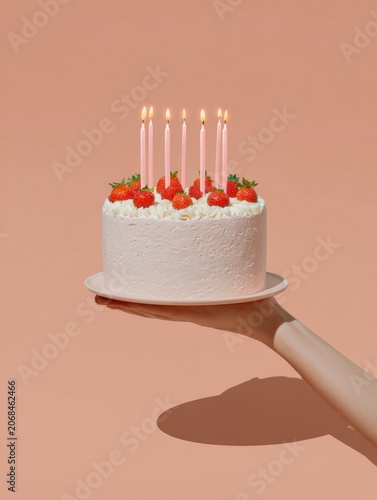 Elegant Birthday Cake with Lit Candles Held by a Single Hand Over Pink Background for Feast Celebration Social Media Marketing and Minimalist Food