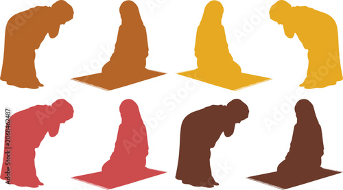 Billede på lærred Muslim woman praying silhouette set, Islamic prayer poses, diverse female worshi