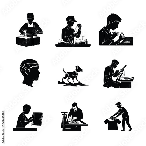 Woodworking and Carpenter Craftsmanship Silhouettes Hand Saw Timber Cutting Wood Carving and Workshop Labor