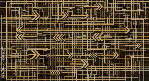 Golden Arrows Network on Dark Grid Background - Business Technology Concept