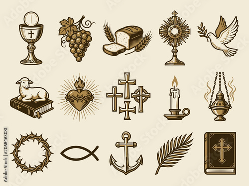 Photos Vintage Christian Religious Symbols and Icons Set, Engraved Style Illustrations