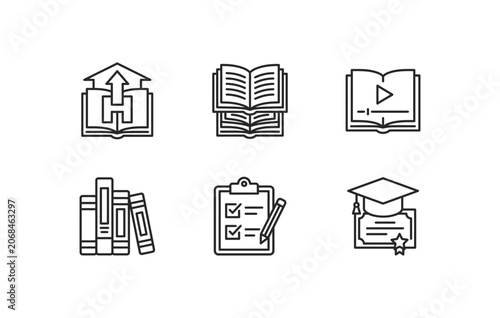 Academic university study video lesson and certificate minimal line icons collection