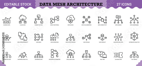 PrintData Mesh Architecture Icon Set - 27 Editable Vector Icons for Decentralized Data Management. Features data governance, data pipeline, cloud data, data product, distributed analytics, and self-se