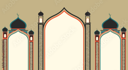 Islamic Archway and Minarets with Copy Space - Eid Greeting Background