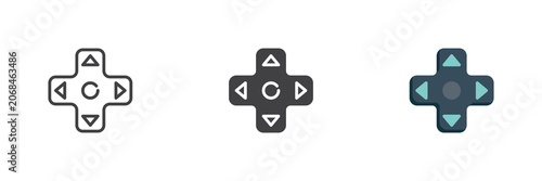 Console game controller icon set shows line, solid and flat colorful console game controller with color vector shapes; controller icon sign and symbol for gaming UI.