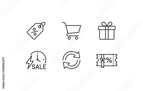 E-commerce shopping sale and discount voucher line icon set