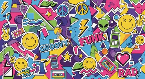 Retro 80s 90s Pattern with Smiley Faces, Cassettes, and Peace Signs