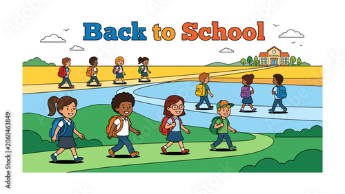 Back to School Adventure: Children with backpacks head back to school, walking along paths and across a bridge, signifying the start of a new academic year.