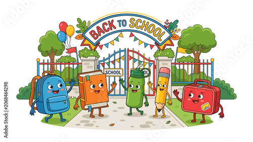 Φωτογραφία Back To School Celebration: A joyful group of anthropomorphic school supplies, including a backpack, book, marker, pencil, and briefcase