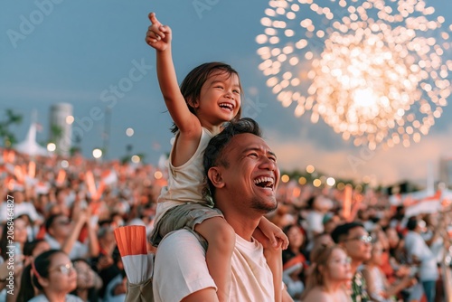 Malay Singaporean father carrying laughing child on shoulders at a humid fireworks display, candid summer celebration for family and travel