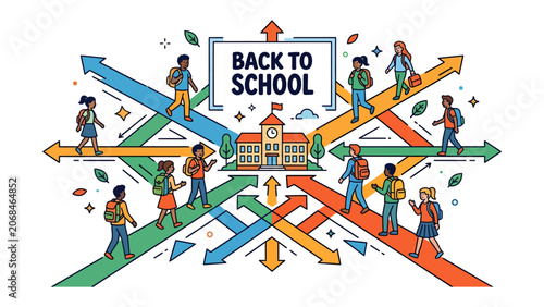 Back to School Diversity: Students of various backgrounds and ages navigate through a vibrant, abstract landscape towards a central school building.