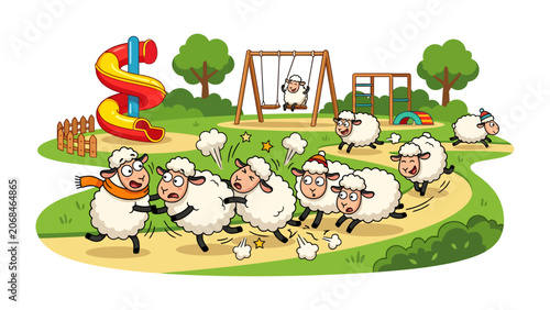 Photos Playtime Chaos: A flock of cartoon sheep causes playful pandemonium on a vibrant playground, with some sliding down a colorful chute, others swinging