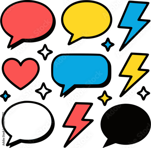 Set of colorful pop art speech bubbles, lightning bolts, and heart icons. Vector comic style graphic design elements on white background.