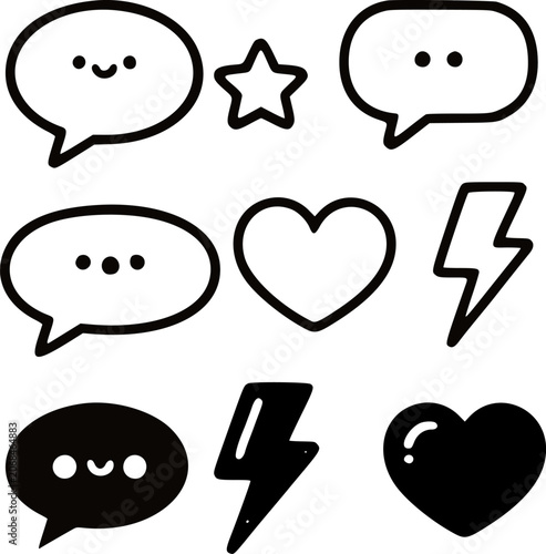 Set of colorful pop art speech bubbles, lightning bolts, and heart icons. Vector comic style graphic design elements on white background.