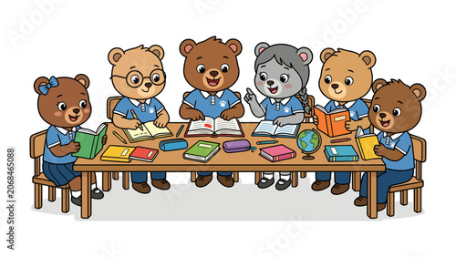 Bear Cub Classroom: A group of adorable bear cubs, dressed in uniforms, sit around a wooden table, engrossed in their studies with books and a globe, learning together in a charming classroom setting.