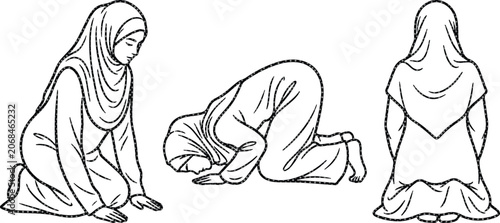Foto Muslim woman praying vector illustration, Islamic prayer poses, religious devoti